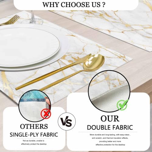 Mcalk Luxury Gold Marble Table Runner and Placemats Set of 6 Pieces, Gold Marble Placemats, Modern Cloth Place Mats Indoor for Kitchen,Washable Linen Material for Dining Table
