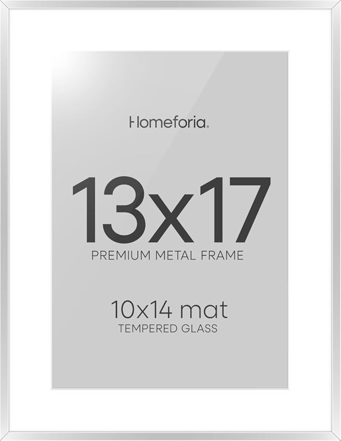 Homeforia 13x17 Picture Frame Silver, High End Metal 13x17 Frames with Mat 10x14 for Photo, 13 x 17 Silver Poster Frame Matted to 10 x 14 Print, 17x13 Hanging Frame, Tempered Glass, Wall Kit, Set of 1