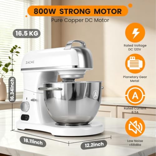 ZACME 8.4QT Commercial Stand Mixer 800W with Aluminum Die Casting Meets the Standard of NSF/ANSI 8-2023, Mixers Kitchen Electric Stand Mixer with Stainless Steel 8L Bowl, Dough Hook, Whisk and Beater