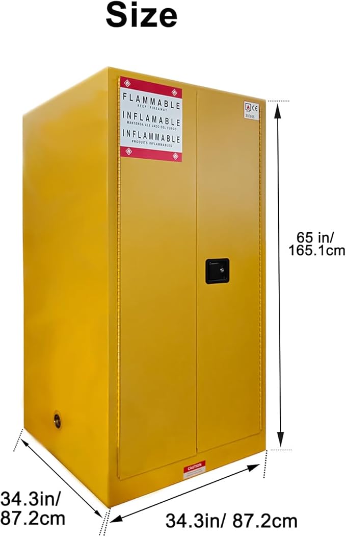 65 Gallon Flammable Storage Cabinet with Adjustable Shelf x2, 65H x 34W x 34D Double-Wall for Flammable Liquids, Thickened Galvanized Steel Fireproof Cabinet, Industrial & Commercial Use, Yellow