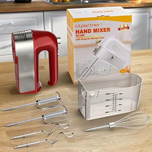 Hand Mixer Electric, 450W Kitchen Mixers with Scale Cup Storage Case, Turbo Boost/Self-Control Speed + 5 Speed + Eject Button + 5 Stainless Steel Accessories, For Easy Whipping Dough, Cream, Red
