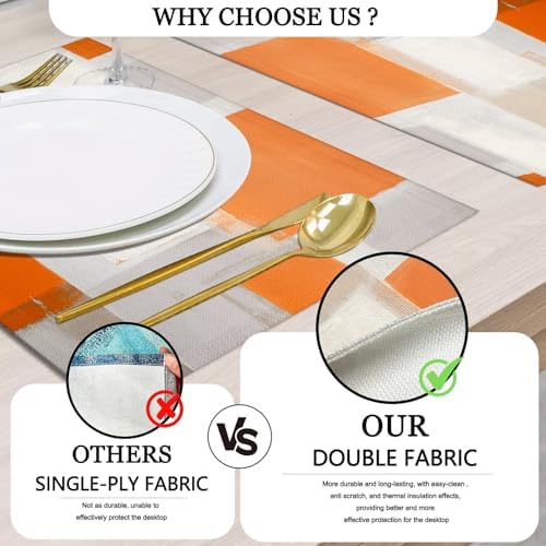 Mcalk Orange Table Runner and Placemats Set of 6, Abstract Brown Placemats, Modern Cloth Place Mats Indoor for Kitchen,Washable Linen Material for Dining Table