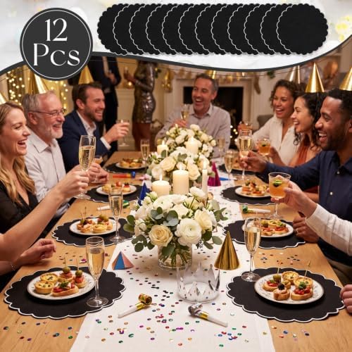 Set of 12 Black Cotton Placemats 15 Inch Round Scalloped Placemats,