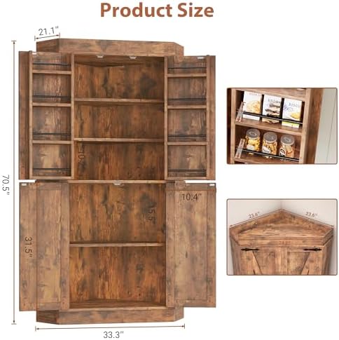 Jocoevol Corner Cabinet,71'' Kitchen Pantry Storage Cabinet with 4 Doors and Shelves, Tall Food Pantry Storage Cabinet Farmhouse Furniture for Kitchen Dining Room, Brown