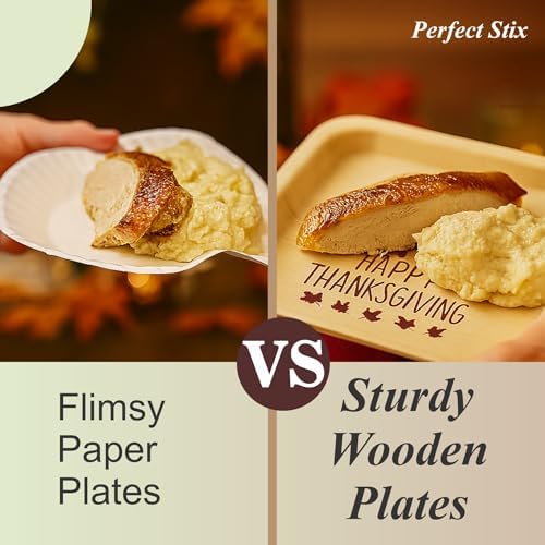 Perfect Stix Thanksgiving Plates and Napkins Set, 25 Large 10-Inch and 25 Small 7-Inch Wooden Plates with 50 Burgundy 2-Ply Dinner Napkins