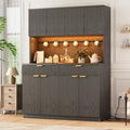 Jocoevol Fluted Kitchen Pantry Storage Cabinet with Charging Station & LED Lights,71" Tall Kitchen Hutch with Microwave Stand, Adjustable Shelves,Storage Doors(Black, 47" W x71 Hx15.7 D)