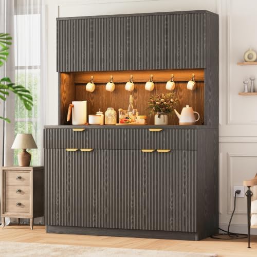 Jocoevol Fluted Kitchen Pantry Storage Cabinet with Charging Station & LED Lights,71" Tall Kitchen Hutch with Microwave Stand, Adjustable Shelves,Storage Doors(Black, 47" W x71 Hx15.7 D)