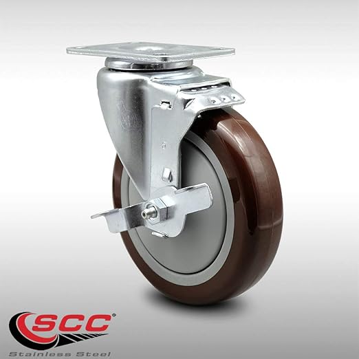 Service Caster Brand Replacement Caster for Uline Caster H-7449SWB-Stainless Steel Swivel Top Plate Caster with 5 Inch Maroon Polyurethane Wheel and Top Lock Brake-Fit Carts and Platform Trucks H-6348