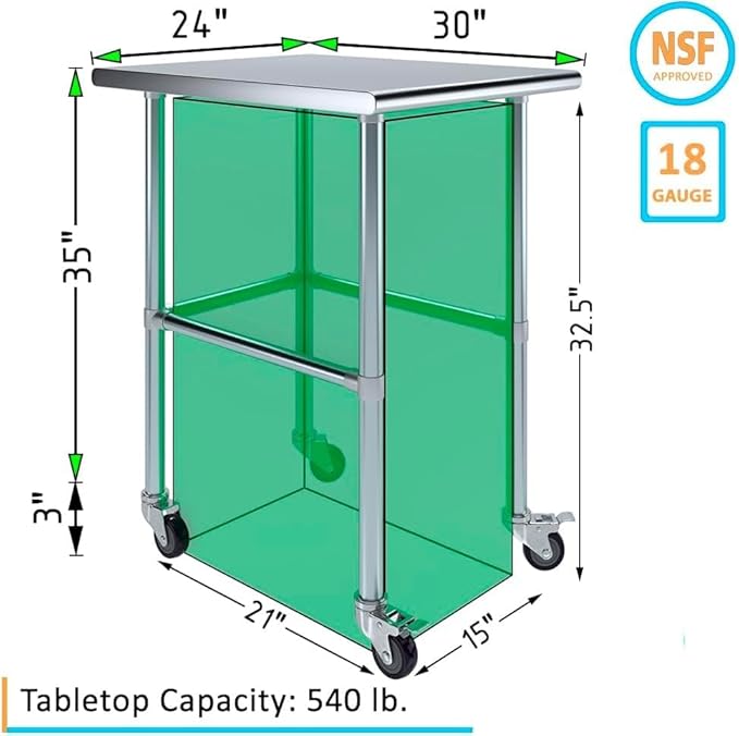 Stainless Steel Work Table Open Base & Wheels | Work Station | Metal Work Bench (Stainless Steel Work Table Open Base + Casters) (24" Long x 30" Deep)