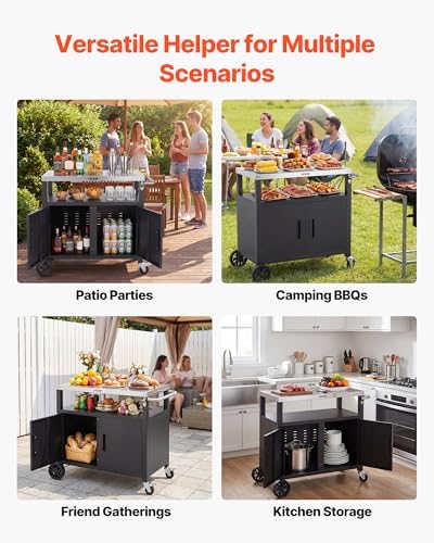 VEVOR Outdoor Grill Cart with Storage Cabinet, 36.4 Inch Grill Table, Waterproof Kitchen Island with Stainless Steel Top, Shelf, and Wheels, Movable Food Prep Station for Patio Bar Backyard BBQ