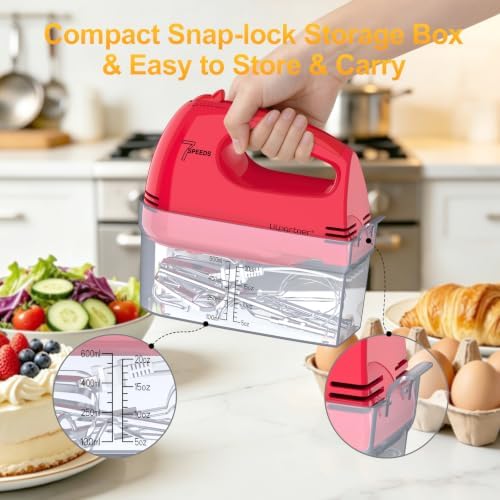 LILPARTNER Electric Hand Mixer with Storage Box, Ultra Power Kitchen Hand Mixer With 7-Speed & 5 Stainless Steel Accessories for Whipping Dough, Cream, Cake, Dishwasher Safe, LIGHT RED BOX