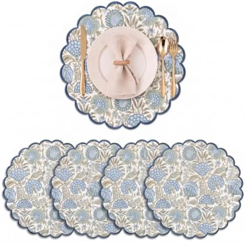 Ridhi Floral Block Print Round Placemats 15 Inch, Set of 4, Asparagus Green