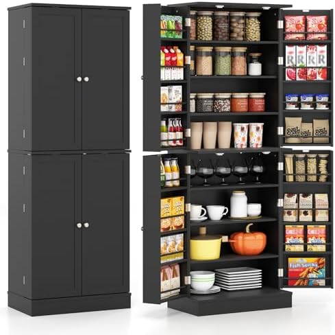 GIANTEX Kitchen Pantry Cabinet, 65.5" Tall Kitchen Hutch w/8-Tier Storage Cabinet, 16-Tier Door Shelves & Adjustable Shelves, 4-Door Freestanding Buffet Sideboard for Dining Room, Living Room (Black)