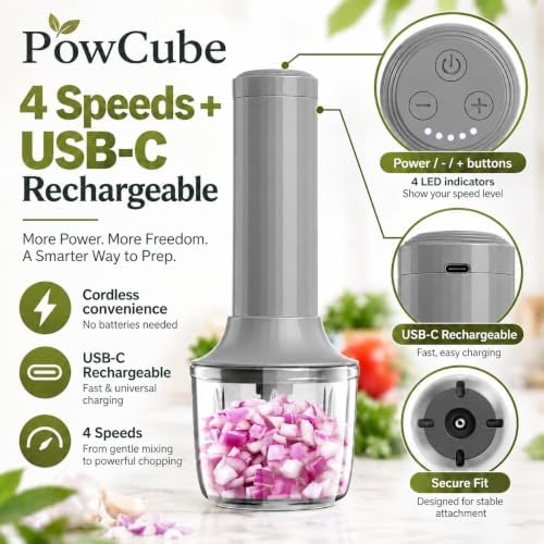 Cordless Hand Mixer, 4-in-1 Handheld Electric Mixer with Electric Whisk Frother & 10 oz Mini Food Chopper, USB-C Rechargeable 4-Speed Hand Mixer for Eggs, Cream, Coffee & Small-Batch Prep