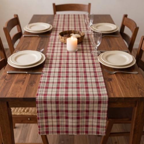 Solino Home 100% Pure Linen Table Runner Plaid, Almond Plaid 14 x 108 in