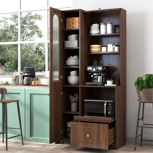 KEIKI 70.87" H Tall Kitchen Pantry Storage Cabinet with Countertop, Glass Doors, Drawers, Microwave Stand & Pull-Out Shelf, Freestanding Wood Hutch Food Pantries Cupboard for Coffee Bar, Dining Room