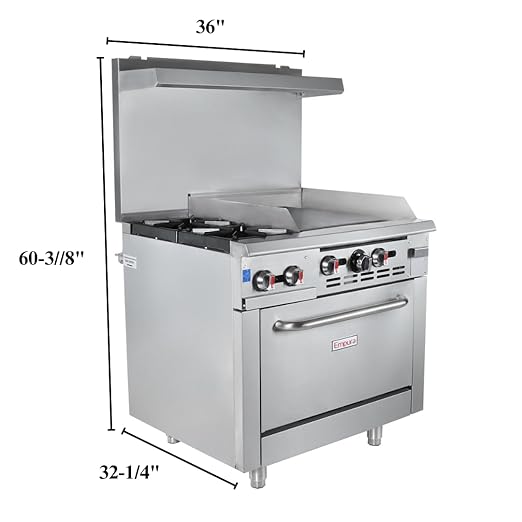 36" Freestanding Natural Gas Range | Cooking Stove with Single Standard Oven (2) Cast-Iron Open Burners and 24" Right Side Griddle | 130,000 BTU | 36"W x 32-1/4"D x 60-3/8"H, Stainless Steel