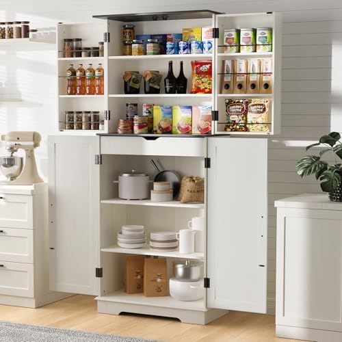 Sunny Heart 72" H Kitchen Pantry Cabinet, Farmhouse Pantry Storage Cabinet with 4 Doors, Adjustable Shelves, Drawer, Kitchen Organizers and Storage for Dining Room, Bathroom, Cream