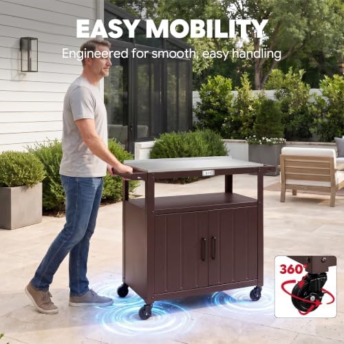 Feasto Outdoor Grill Cart w/Storage Cabinet, Stainless Steel Top, Brown