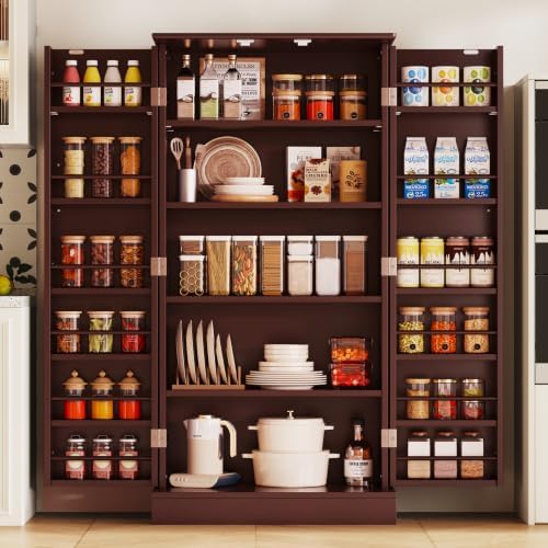 kepptory 47" Kitchen Pantry Cabinet, Freestanding Tall Storage Cabinet with Doors and Adjustable Shelves, Large Food Storage Organizer for Kitchen, Dining Room, Living Room, Farmhouse Cupboard, Brown