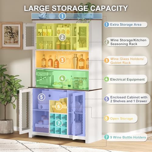 Merax 70.9" Tall Kitchen Pantry Storage Cabinet with Charging Station and LED Lights, Rustic Kitchen Hutch Food Pantries with Wine Rack, Drawer & Adjustable Shelves for Dining Room, White