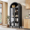 GarveeHome Arched Kitchen Pantry Cabinet - Farmhouse 5 Tier Display Shelf with Adjustable Shelf and 2 Large Glass Doors, Versatile Storage Cupboard for Kitchen, Dining Room, Living Room, Black