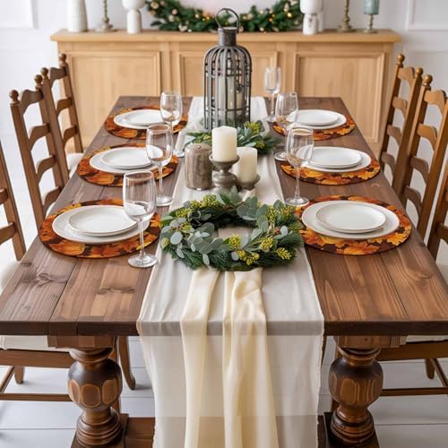 Fall Round Placemats Set of 6 Thanksgiving Orange Harvest Pumpkin Place Mats Washable Woven Placemat Autumn Maple Leaf Circle Braided Table Mat for Kitchen Dining Holiday Party Fall Decor 15 Inch