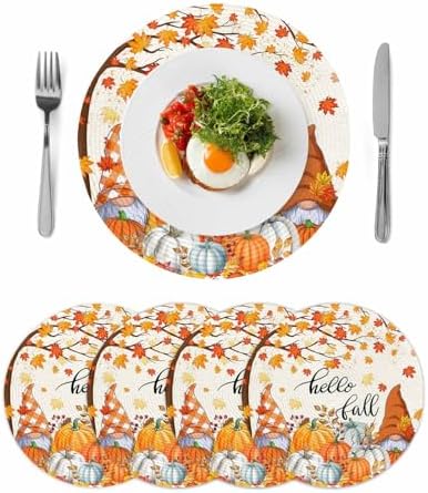 Fall Round Placemats Set of 4 Thanksgiving Autumn Maple Leaves Gnome Place Mats Washable Woven Placemat Hello Fall Harvest Pumpkin Circle Braided Table Mat for Kitchen Holiday Party Decor 15 Inch
