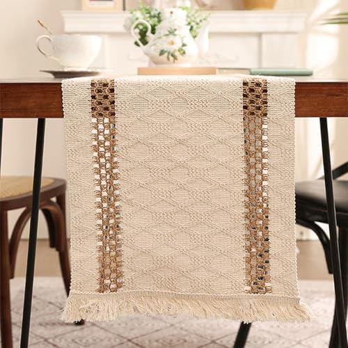 Niviy Boho Table Runners 120 Inches Long Farmhouse Macrame Table Runner Cotton Linen Woven Table Runners for Fall Dining Table Home Decor, Beige & Brown
