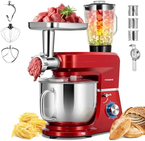 VIVOHOME 6-in-1 Stand Mixer, 8.5-Quart Tilt-Head Mixer, 10 Speeds, Red