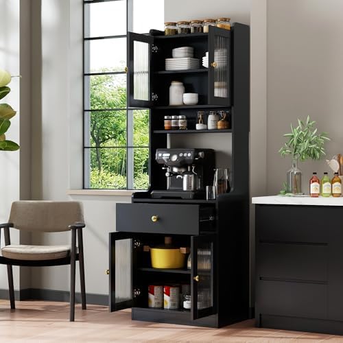 KEIKI 70.87" Tall Kitchen Pantry Storage Cabinet with Countertop, Glass Doors, Drawers, Microwave Stand and Shelves, Freestanding Wood Hutch Food Pantries Buffet Cupboard for Coffee Bar, Dining Room