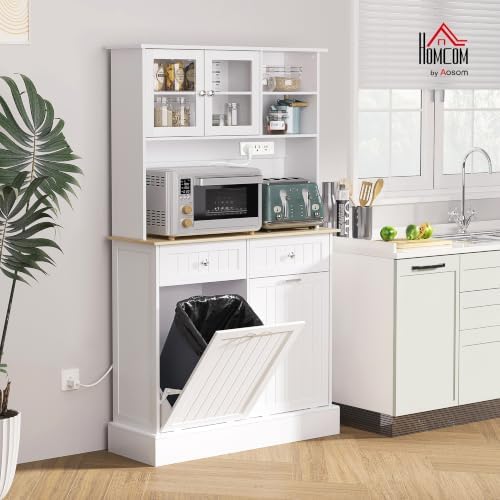 HOMCOM Kitchen Pantry with Tilt-Out Trash Can Cabinet, Power Outlet, White