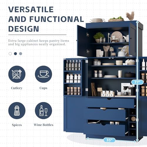 Merax 77''Tall Freestanding Kitchen Pantry,Farmhouse Tall Storage Cabinet with 2 Standard Plugs and 2 USB Ports,Wood Food Pantry with Adjustable Shelves,Door Shelves, Drawers and Wine Racks,Blue