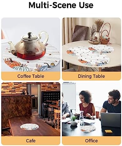 Round Placemats Set of 8 Harvest Pumpkin Fall Place Mats Autumn Maple Leaves Bird Circle Braided Placemat Heat Resistant Table Mat for Thanksgiving Autumn Harvest Holiday Decorations, 15 Inch