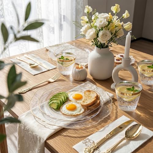 KIRE 210Pcs Clear Plastic Plates with Gold Rim for Wedding/Party