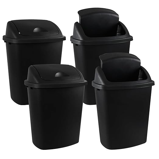 4-Pack Swing Top Wastebasket, Sleek Trash Can, 10 Gallon, Black Modern Garbage Bin for Kitchen, Bathroom, Garage and Workspace, Fits 10 Gal Liners