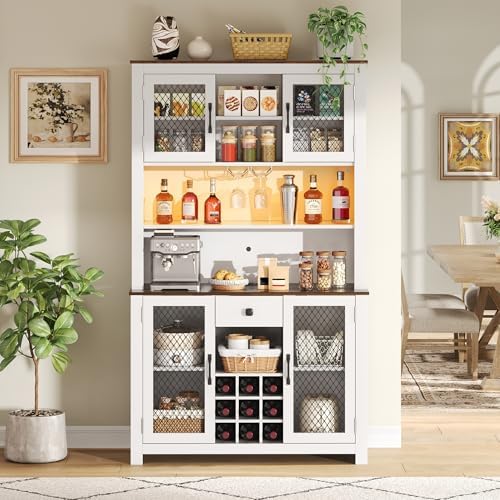 Merax 70.9" Tall Kitchen Pantry Storage Cabinet with Charging Station and LED Lights, Rustic Kitchen Hutch Food Pantries with Wine Rack, Drawer & Adjustable Shelves for Dining Room, White
