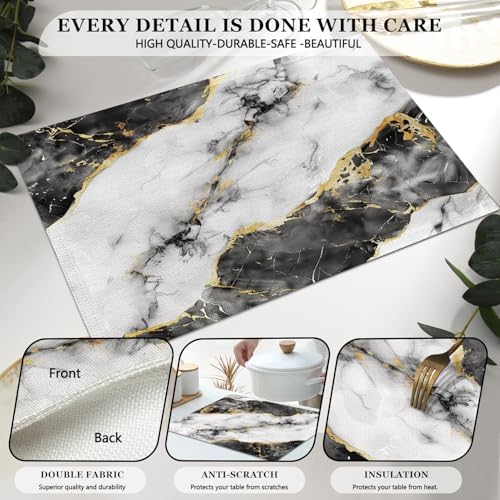 Mcalk Black Marble Table Runner and Placemats Set of 6, Marble Print Placemats, Modern Cloth Place Mats Indoor for Kitchen,Washable Linen Material for Dining Table
