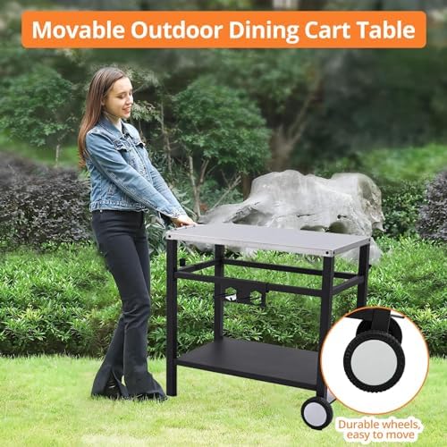 Dining Cart Table with Double-Shelf, Movable Stainless Steel Flattop Worktable, Hooks, Side Handle, Multifunctional for Bar, Patio, Camping, Home