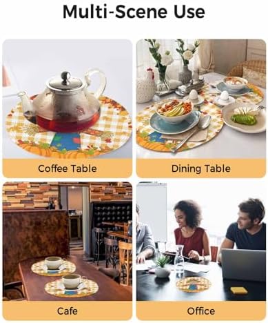 Fall Round Placemats Set of 4 Thanksgiving Scarecrows Crow Pumpkin Place Mats Woven Placemat Maple Leaf Orange Buffalo Plaid Circle Braided Table Mat for Kitchen Holiday Party Fall Decor 15 Inch