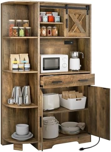 YITAHOME 67" Farmhouse Pantry with Power Outlet & Sliding Barn Door, Oak