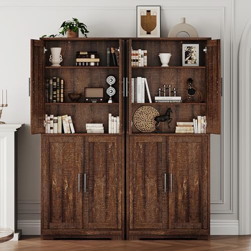 70" Freestanding Tall Pantry Cabinet,Modern Kitchen Hutch with Adjustable Shelves & Anti-toppling devices,Farmhouse Kitchen Storage with Elgant Handers ,Ideal for Dining Room,Living Room.Brown.