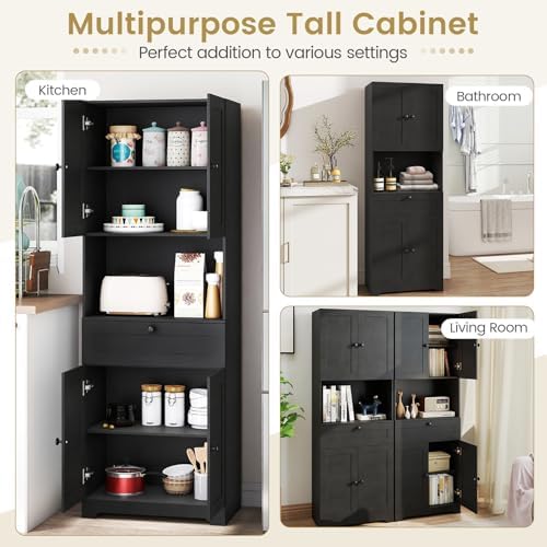 GIANTEX Kitchen Pantry Cabinet, 67.5" Tall Floor Storage Cabinet w/4 Doors & 1 Drawer, Modern Freestanding Bathroom Organizer w/Open Countertop & Adjustable Shelf for Dining Room, Living Room (Black)