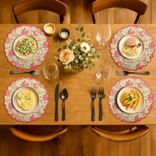 Ridhi Floral Block Print Round Placemats 15 Inch, Set of 4, Pistachio Green