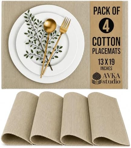100% Cotton Ribbed Placemats - Set of 4-13 x 19 Inches - Beige - Everyday Cloth Table Mats - Thick Construction, Washable & Reusable Cloth Place Mats - by AVKA Studio