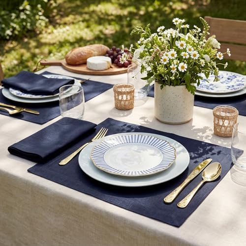 Solino Home 100% Pure Linen Woven Placemats Navy, Fete 14 x 19 in, Set of 6