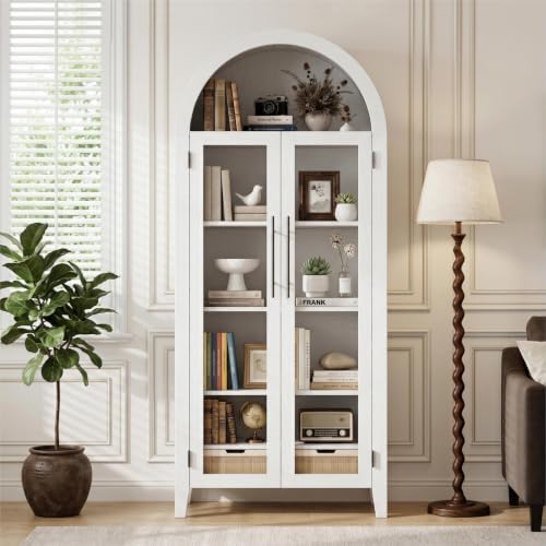 Garvee Arched Cabinet with Glass Doors, 5-Tier Kitchen Pantry Cabinet with Adjustable Shelves, Farmhouse Display Storage Cabinet for Dining Room, Living Room, White