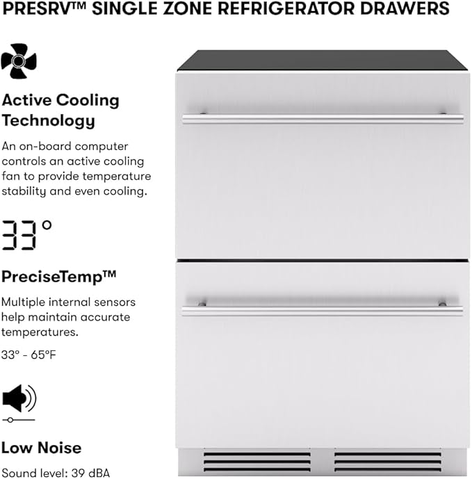 Zephyr Presrv 24 Inch Single Zone Refrigerator Drawers Wine & Beverage Fridge, Stainless Steel Wine Cooler Home Bar Under Counter Freestanding Built In, Energy Star Certified, 5.4 Cu. Ft