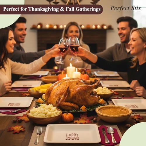 Perfect Stix Thanksgiving Plates and Napkins Set, 25 Large 10-Inch and 25 Small 7-Inch Wooden Plates with 50 Burgundy 2-Ply Dinner Napkins