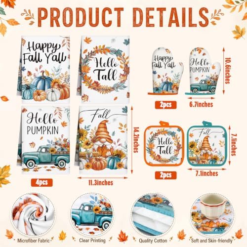 11 Pcs Fall Pumpkin Kitchen Decor Set, Blue Orange and White Rugs Towels